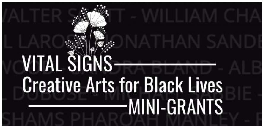 white text "vital signs creative arts for black lives mini-grants" with flowers against black background 