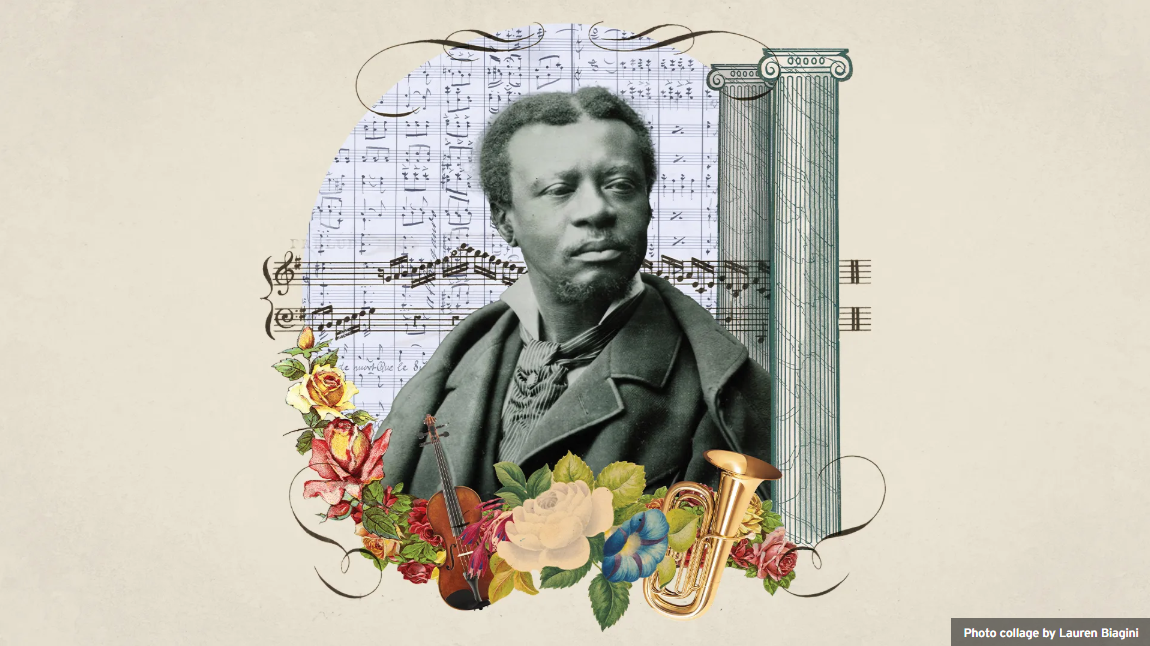 Photo collage with musical instruments, notes, and image of composer