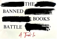 Event title: "The Banned Books Battle: A Teach-in" with words blacked out