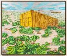 artwork on canvas of smashed shipping containers and bananas